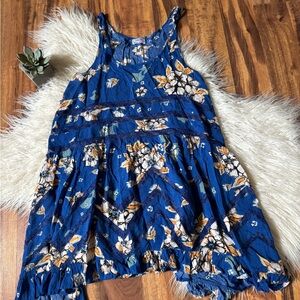 Free People Trapeze Mini Tunic Dress Blue Floral